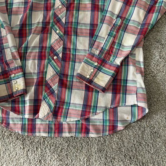 Vintage wrangler shirt mens medium red blue pearl snap  western rodeo cowboy 90s - Picture 3 of 14